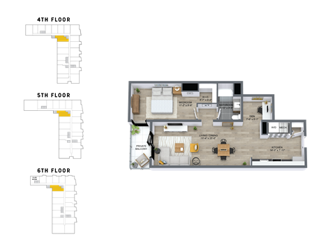 Floor plan for 1 bed, 1 bath, 866 sqft